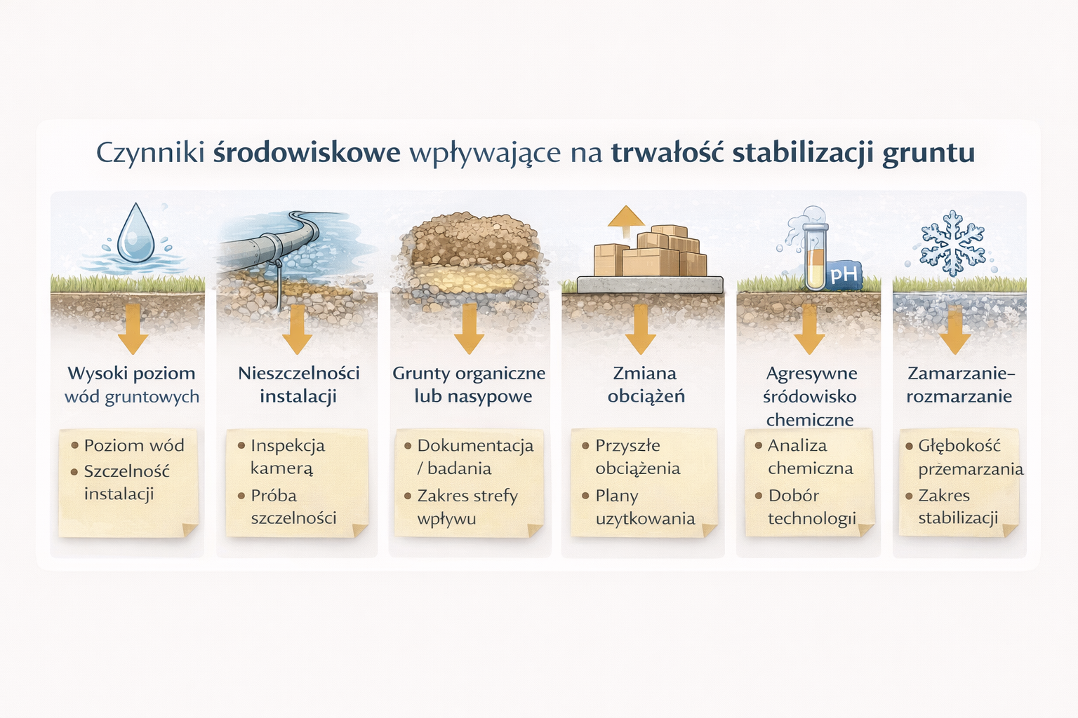 Czynniki środowiskowe wpływające na trwałość stabilizacji gruntu: poziom wód, nieszczelności instalacji, grunty organiczne, zmiana obciążeń, środowisko chemiczne, zamarzanie