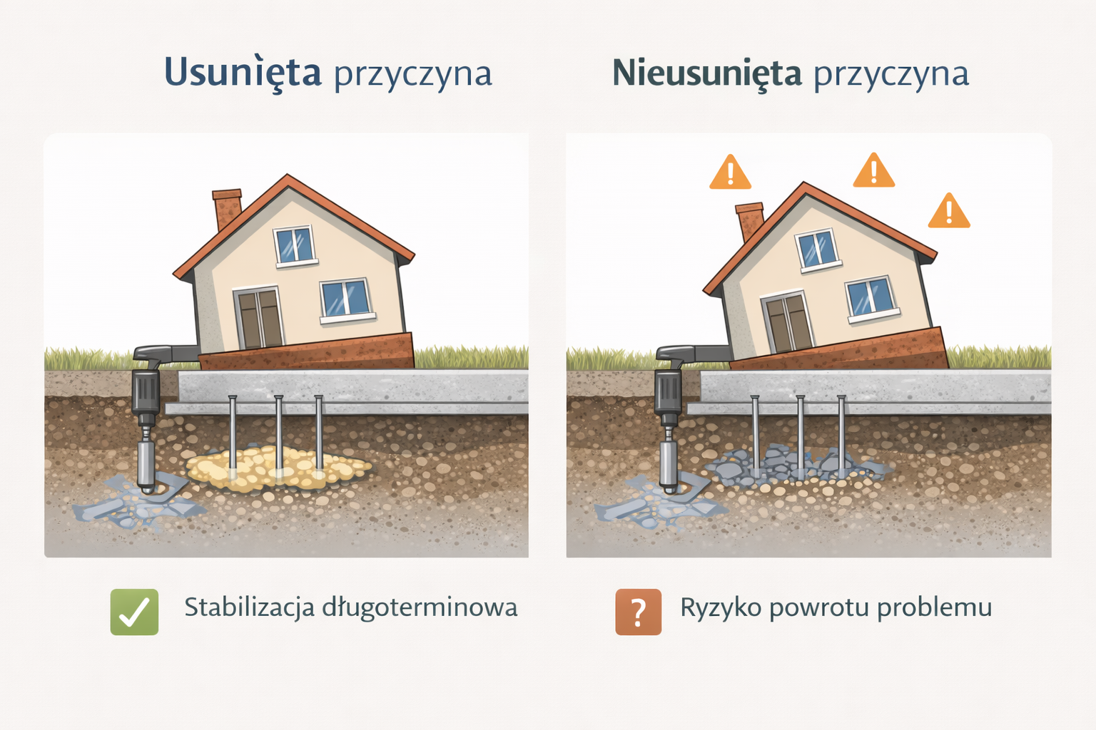 Schemat: osiadanie – usunięta przyczyna vs nieusunięta przyczyna i ryzyko powrotu problemu