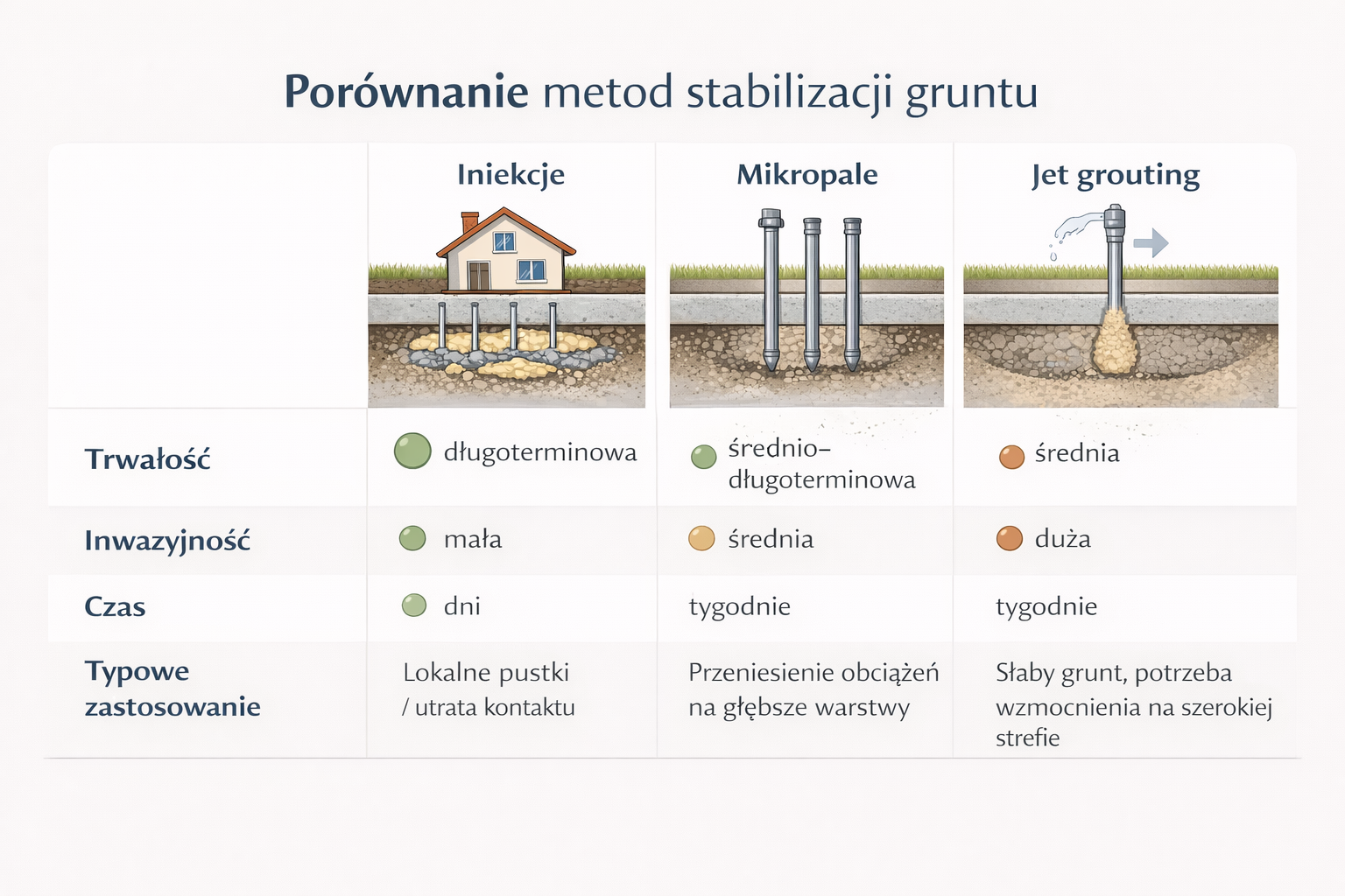 Tabela-infografika: porównanie metod stabilizacji – trwałość, inwazyjność, czas i typowe zastosowanie