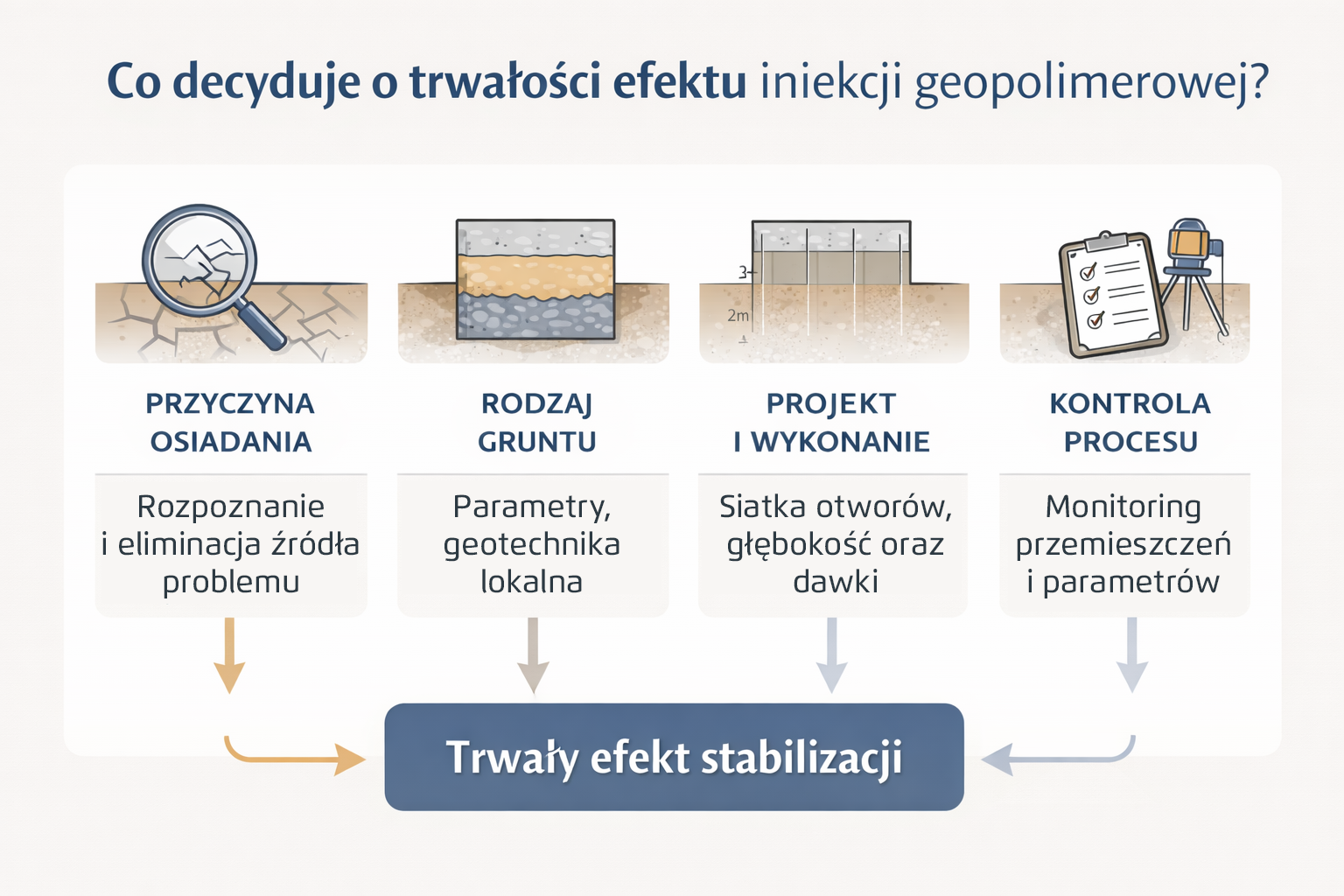 Infografika: czynniki wpływające na trwałość efektu iniekcji geopolimerowych